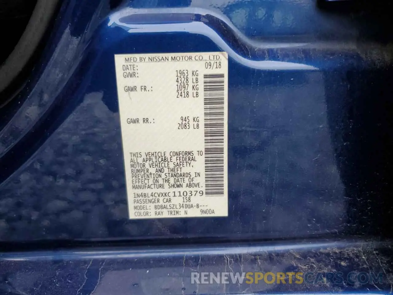 12 Photograph of a damaged car 1N4BL4CVXKC110379 NISSAN ALTIMA 2019