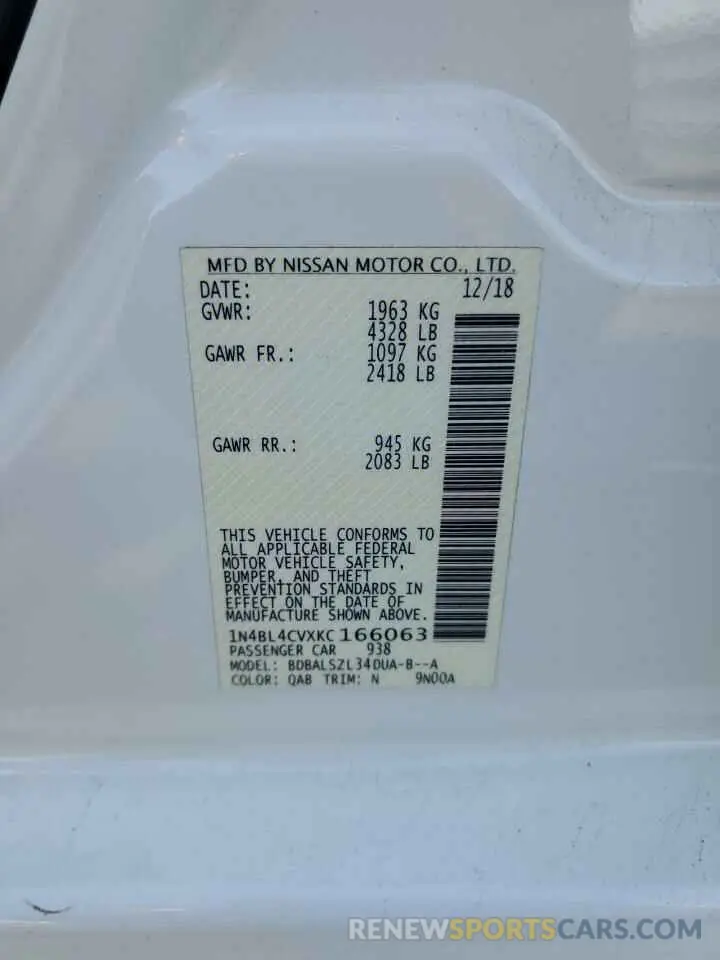 12 Photograph of a damaged car 1N4BL4CVXKC166063 NISSAN ALTIMA 2019