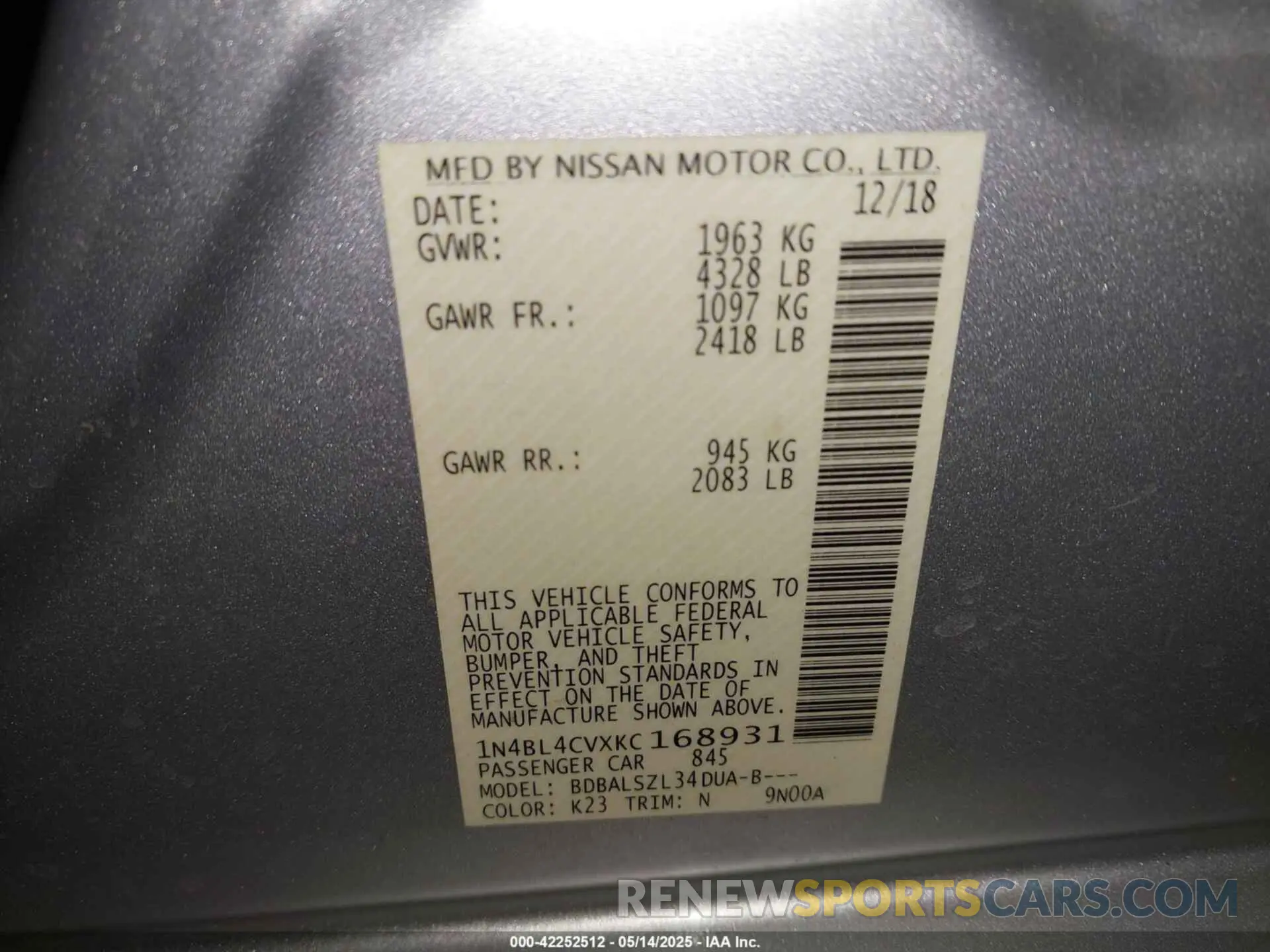 9 Photograph of a damaged car 1N4BL4CVXKC168931 NISSAN ALTIMA 2019