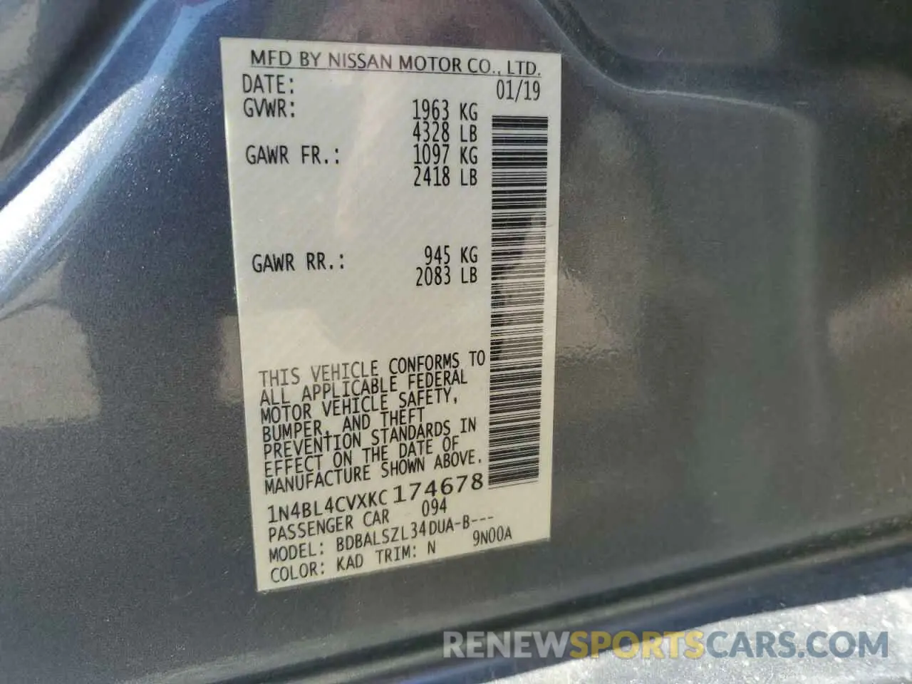 14 Photograph of a damaged car 1N4BL4CVXKC174678 NISSAN ALTIMA 2019