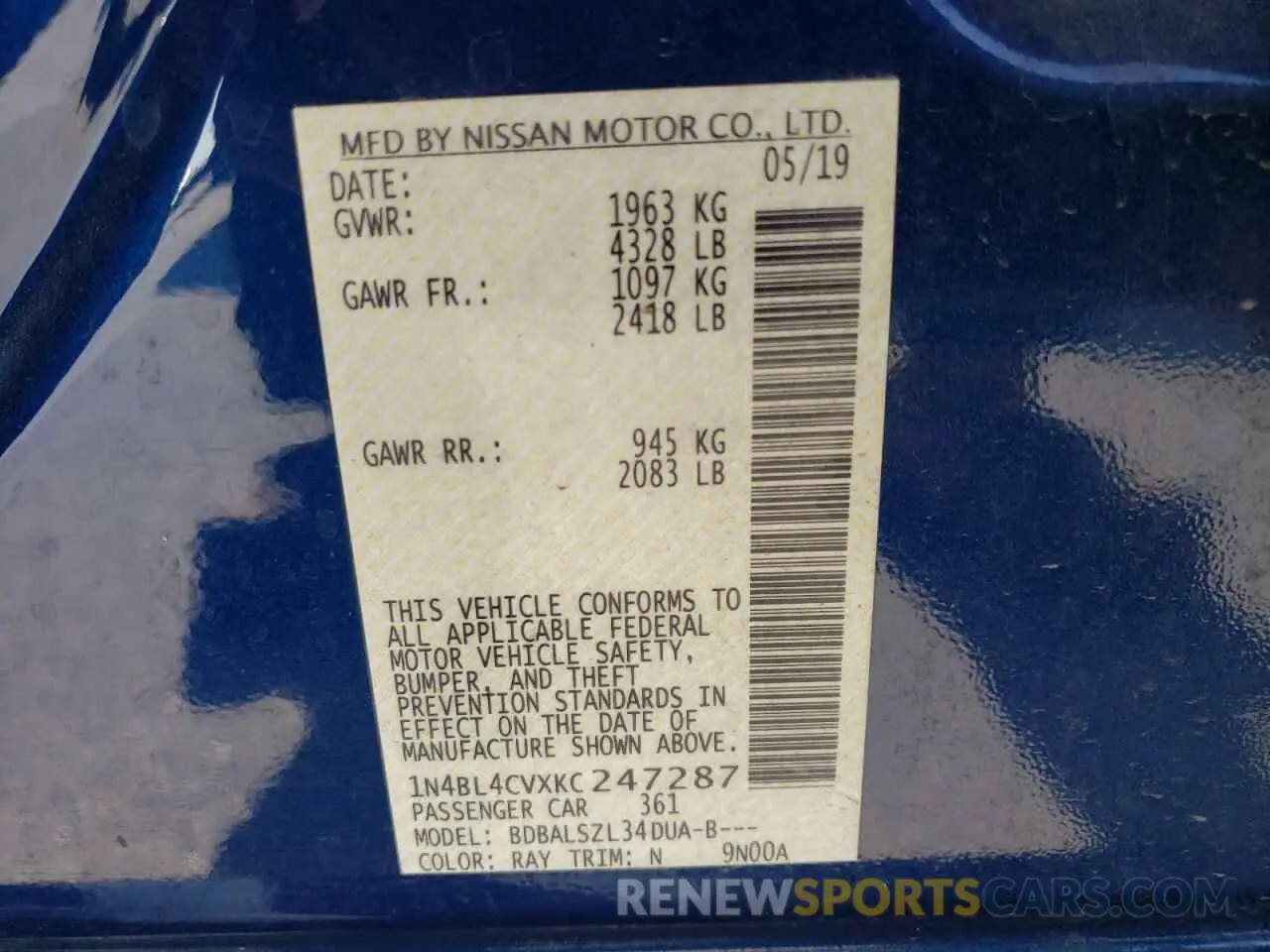 15 Photograph of a damaged car 1N4BL4CVXKC247287 NISSAN ALTIMA 2019