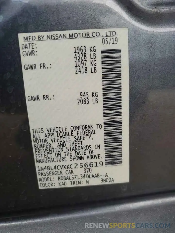 12 Photograph of a damaged car 1N4BL4CVXKC256619 NISSAN ALTIMA 2019