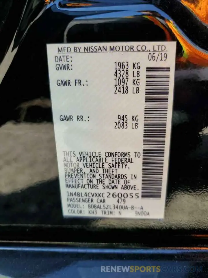 12 Photograph of a damaged car 1N4BL4CVXKC260055 NISSAN ALTIMA 2019