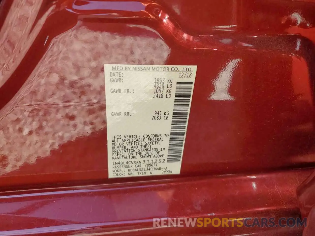 14 Photograph of a damaged car 1N4BL4CVXKN311252 NISSAN ALTIMA 2019
