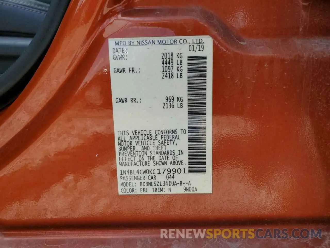 12 Photograph of a damaged car 1N4BL4CW0KC179901 NISSAN ALTIMA 2019