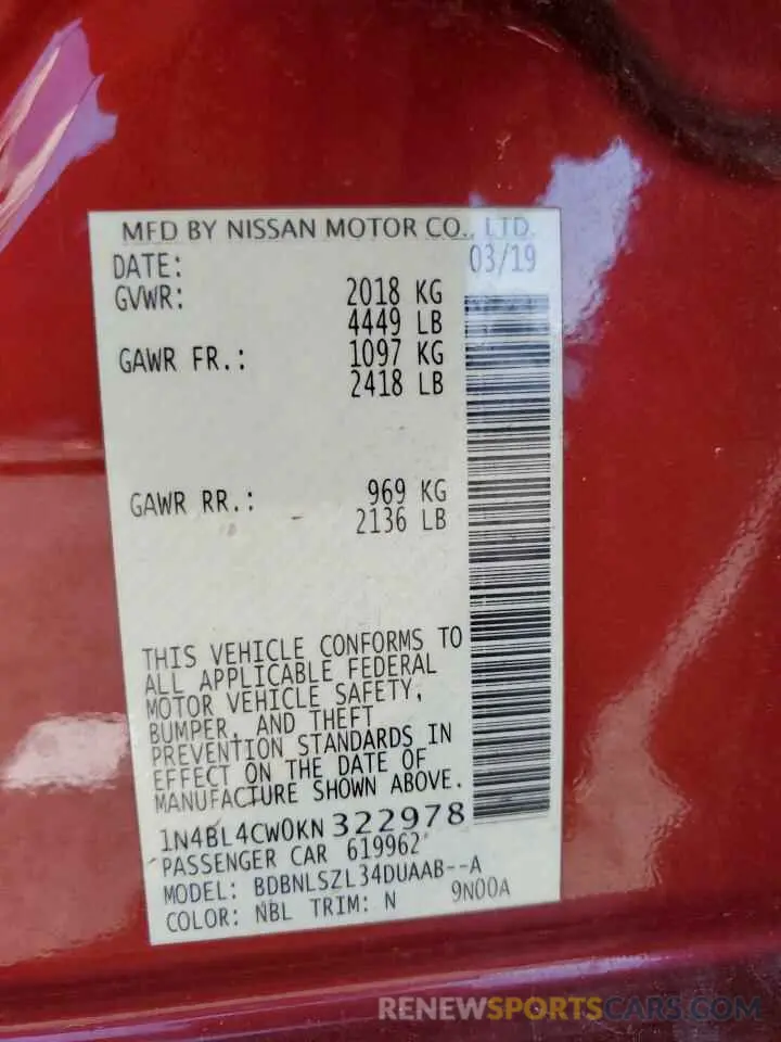 13 Photograph of a damaged car 1N4BL4CW0KN322978 NISSAN ALTIMA 2019
