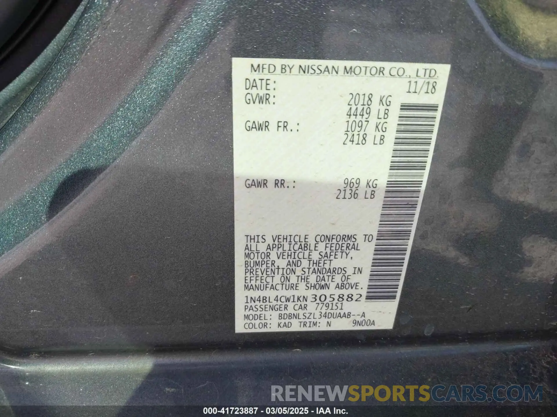 9 Photograph of a damaged car 1N4BL4CW1KN305882 NISSAN ALTIMA 2019