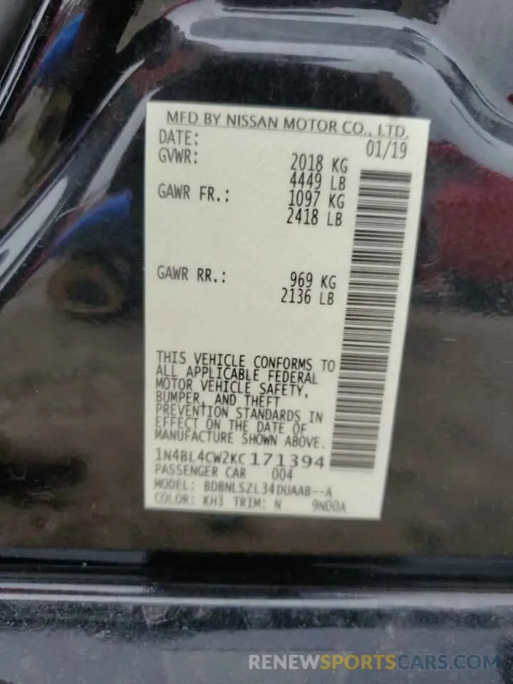 12 Photograph of a damaged car 1N4BL4CW2KC171394 NISSAN ALTIMA 2019