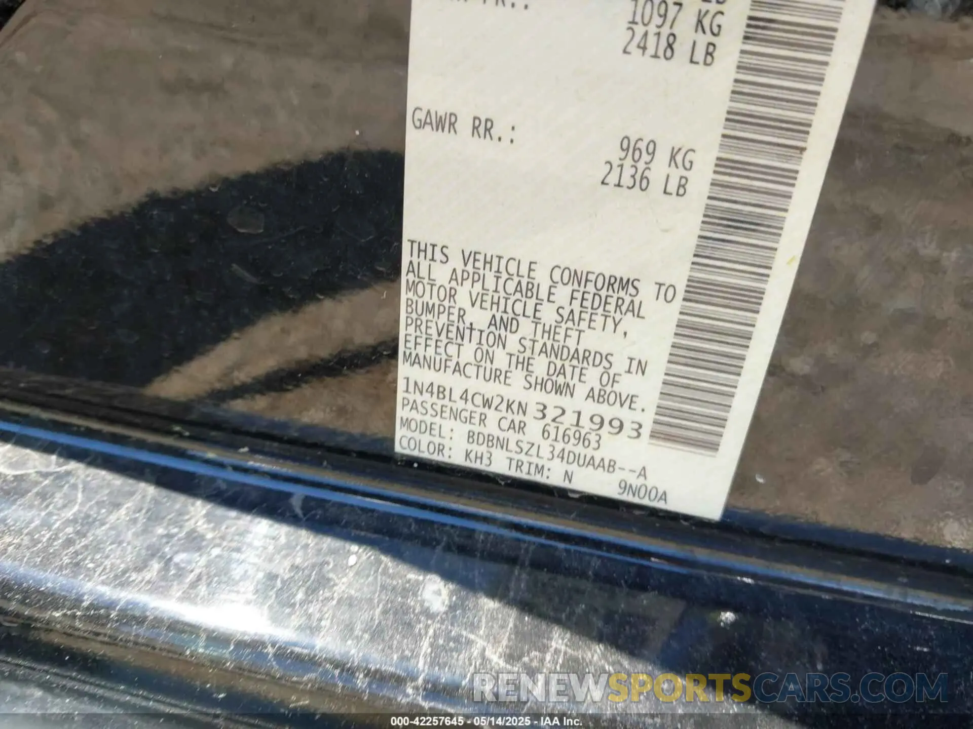 9 Photograph of a damaged car 1N4BL4CW2KN321993 NISSAN ALTIMA 2019