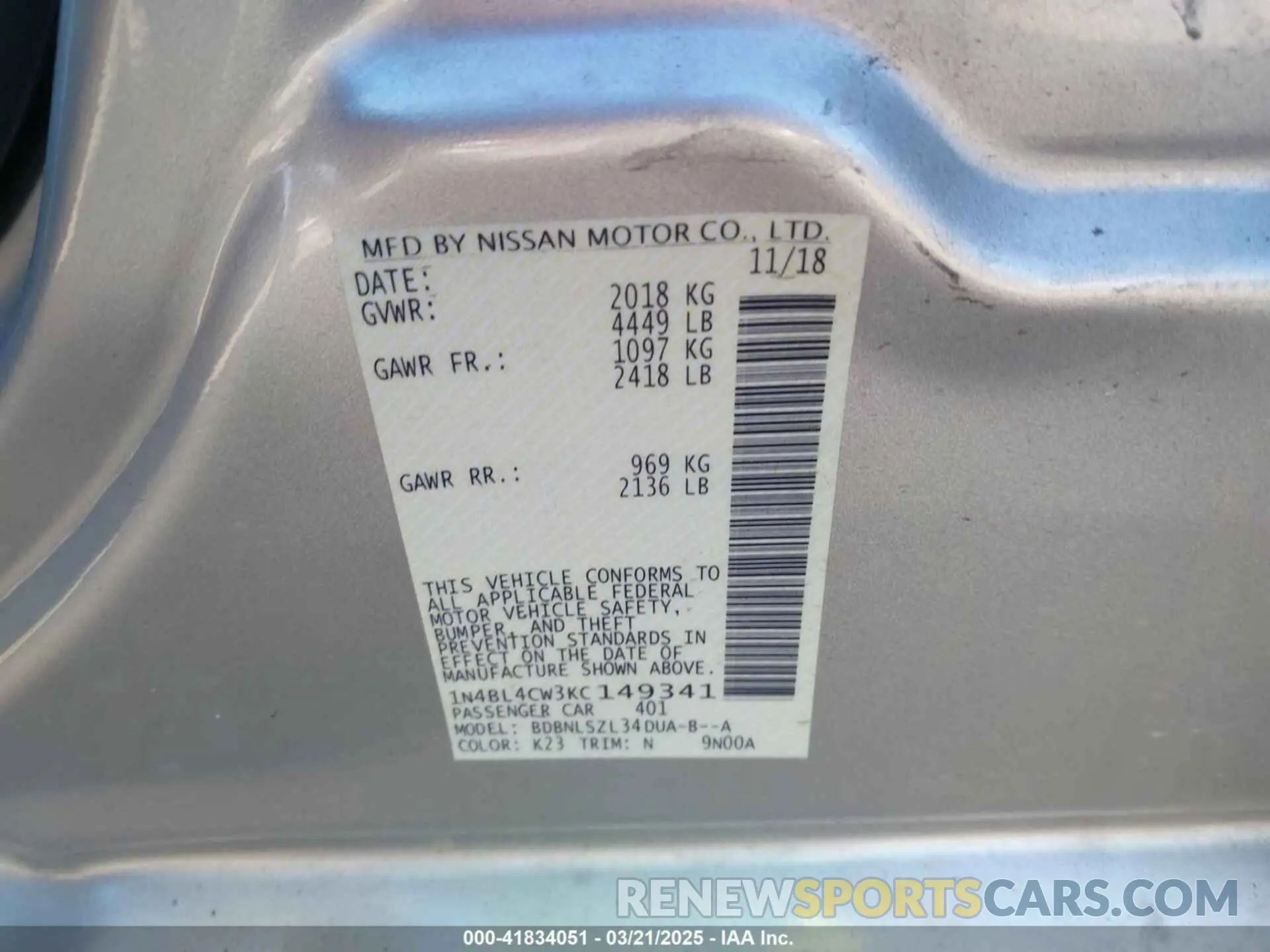 9 Photograph of a damaged car 1N4BL4CW3KC149341 NISSAN ALTIMA 2019