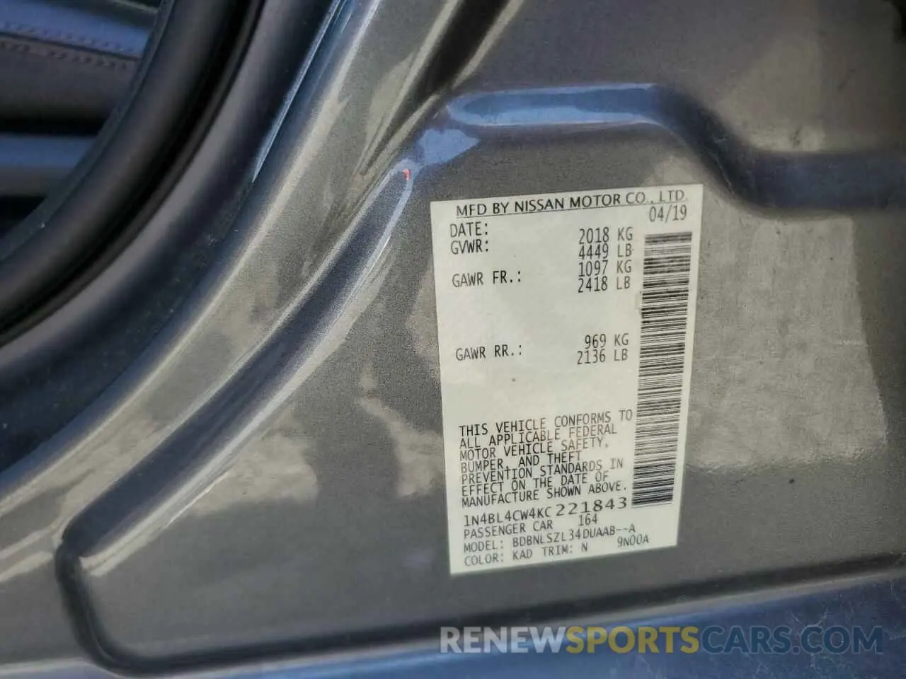 12 Photograph of a damaged car 1N4BL4CW4KC221843 NISSAN ALTIMA 2019