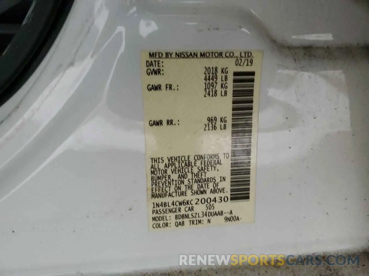 12 Photograph of a damaged car 1N4BL4CW6KC200430 NISSAN ALTIMA 2019