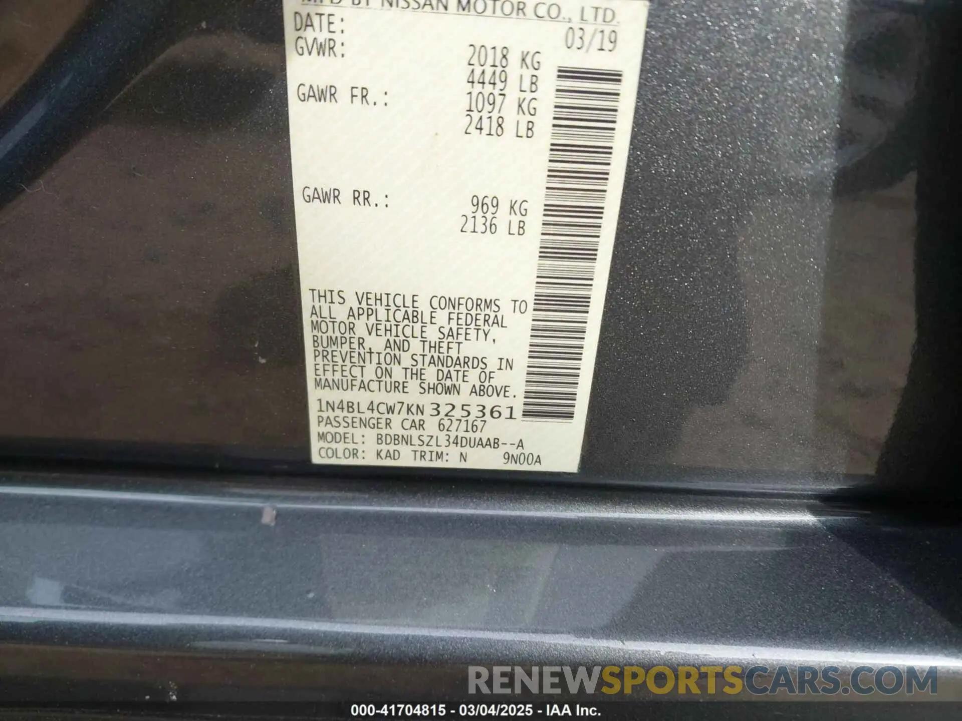 9 Photograph of a damaged car 1N4BL4CW7KN325361 NISSAN ALTIMA 2019