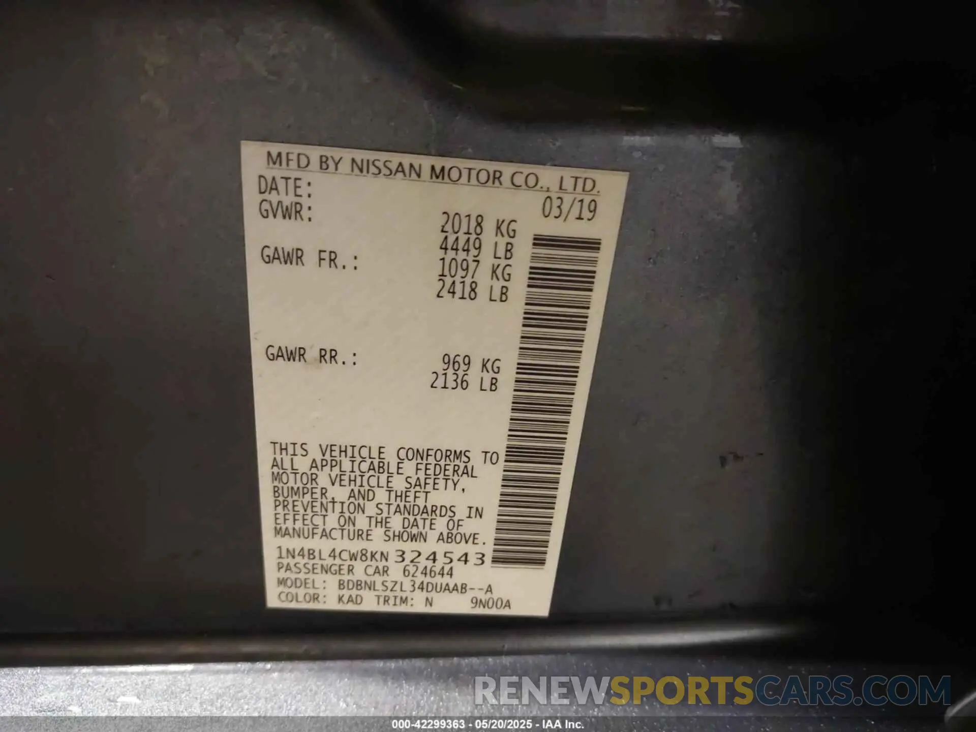9 Photograph of a damaged car 1N4BL4CW8KN324543 NISSAN ALTIMA 2019
