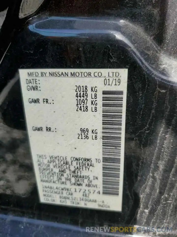 12 Photograph of a damaged car 1N4BL4CW9KC172574 NISSAN ALTIMA 2019