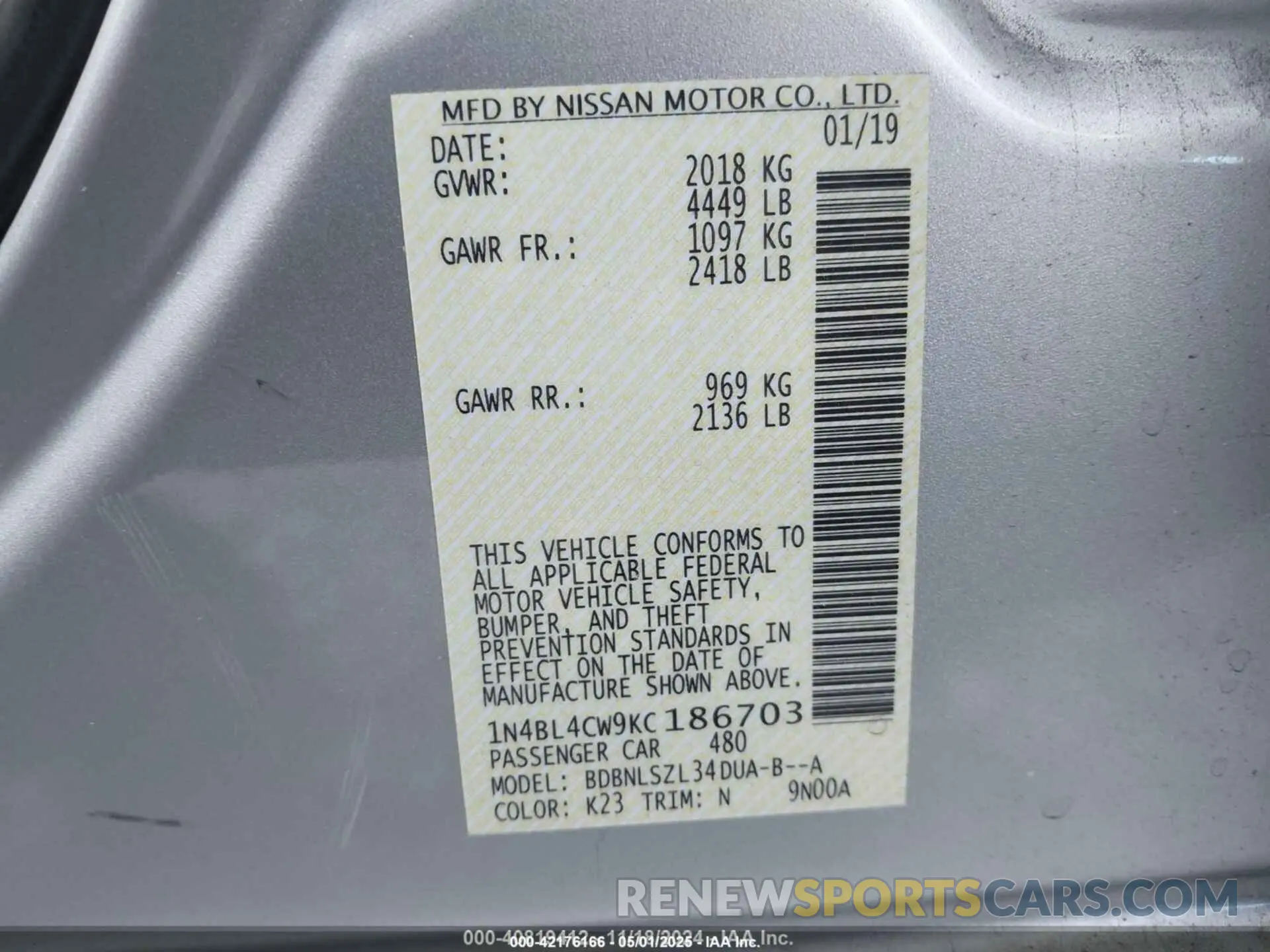 9 Photograph of a damaged car 1N4BL4CW9KC186703 NISSAN ALTIMA 2019