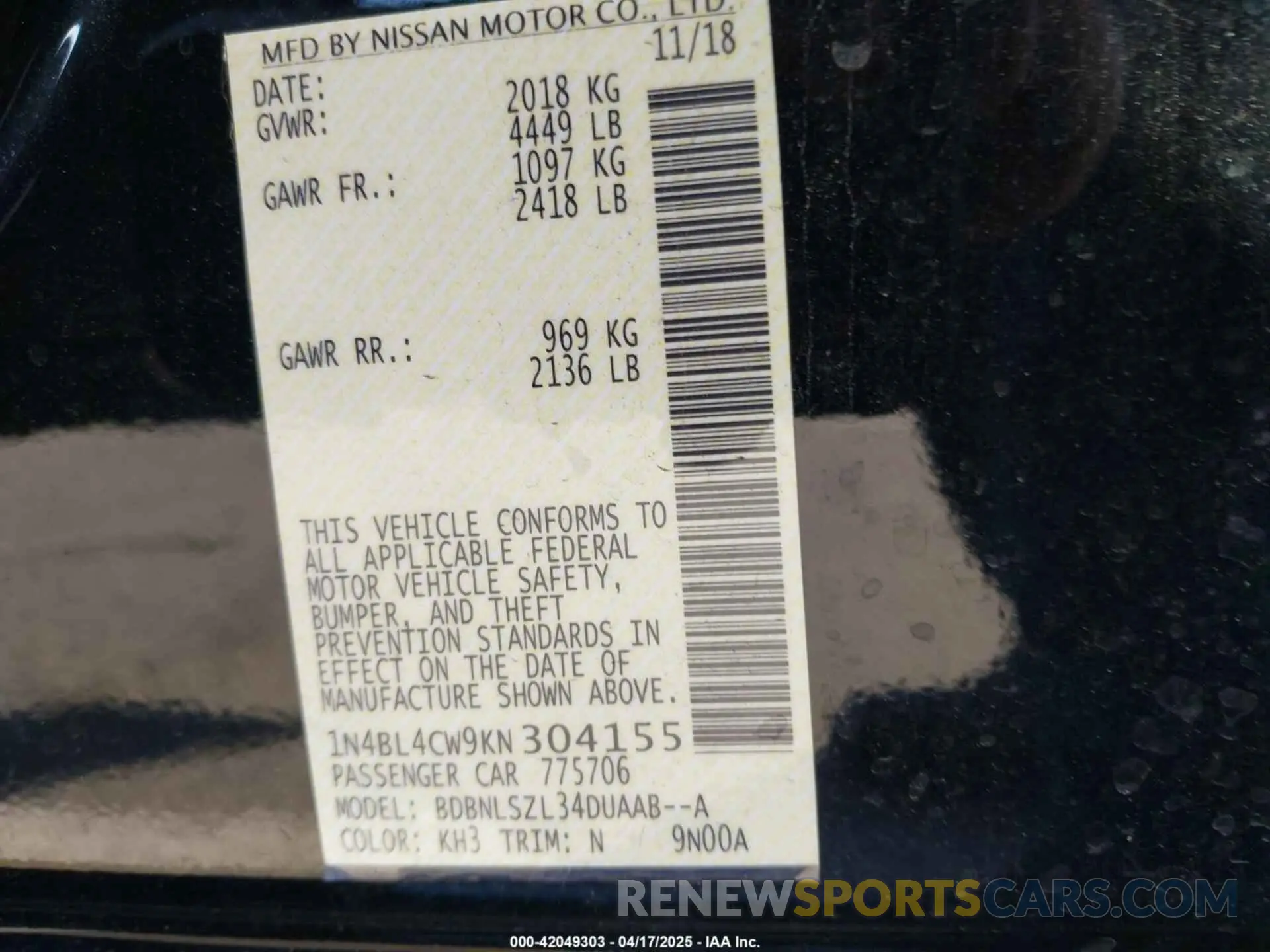 9 Photograph of a damaged car 1N4BL4CW9KN304155 NISSAN ALTIMA 2019
