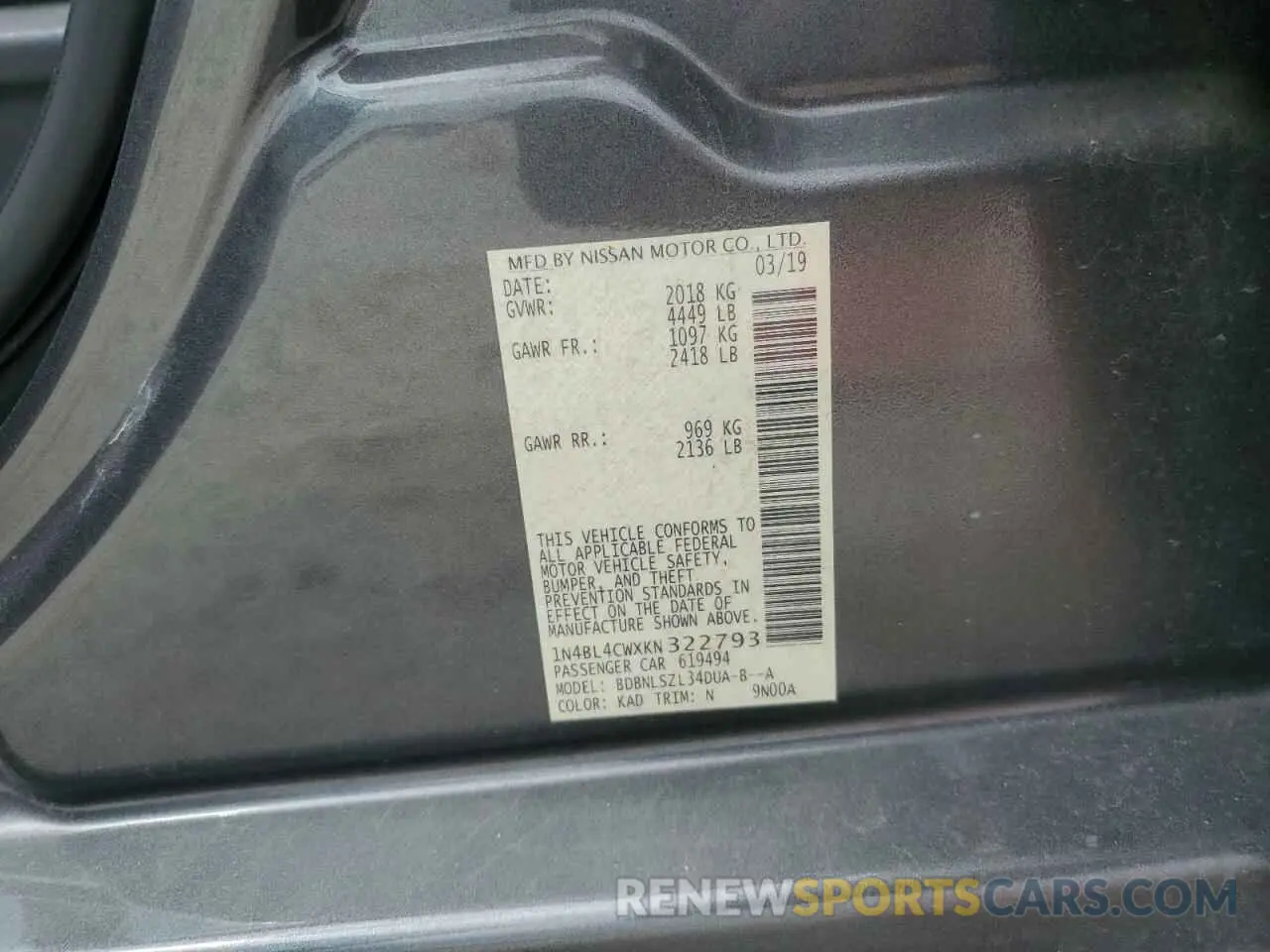 12 Photograph of a damaged car 1N4BL4CWXKN322793 NISSAN ALTIMA 2019