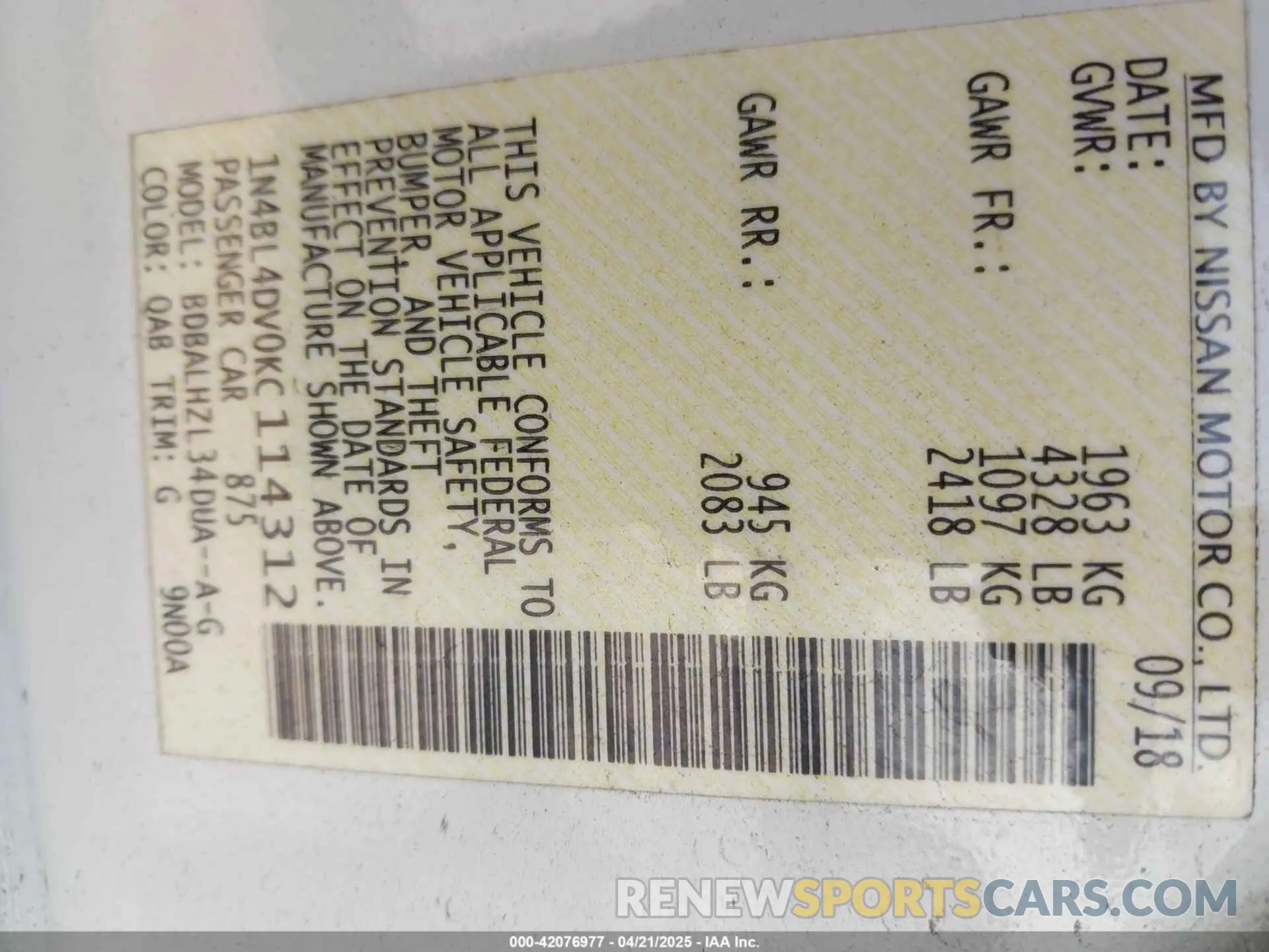 9 Photograph of a damaged car 1N4BL4DV0KC114312 NISSAN ALTIMA 2019