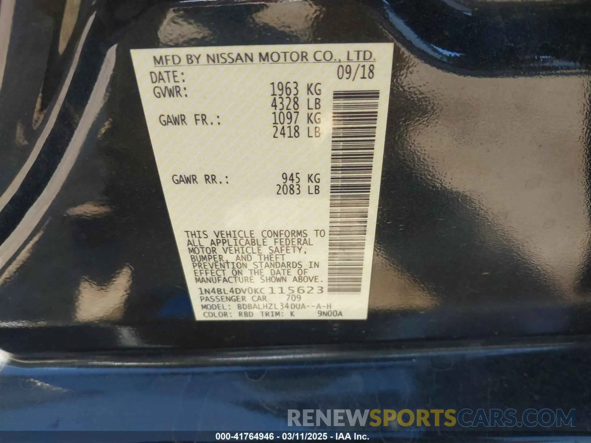 9 Photograph of a damaged car 1N4BL4DV0KC115623 NISSAN ALTIMA 2019