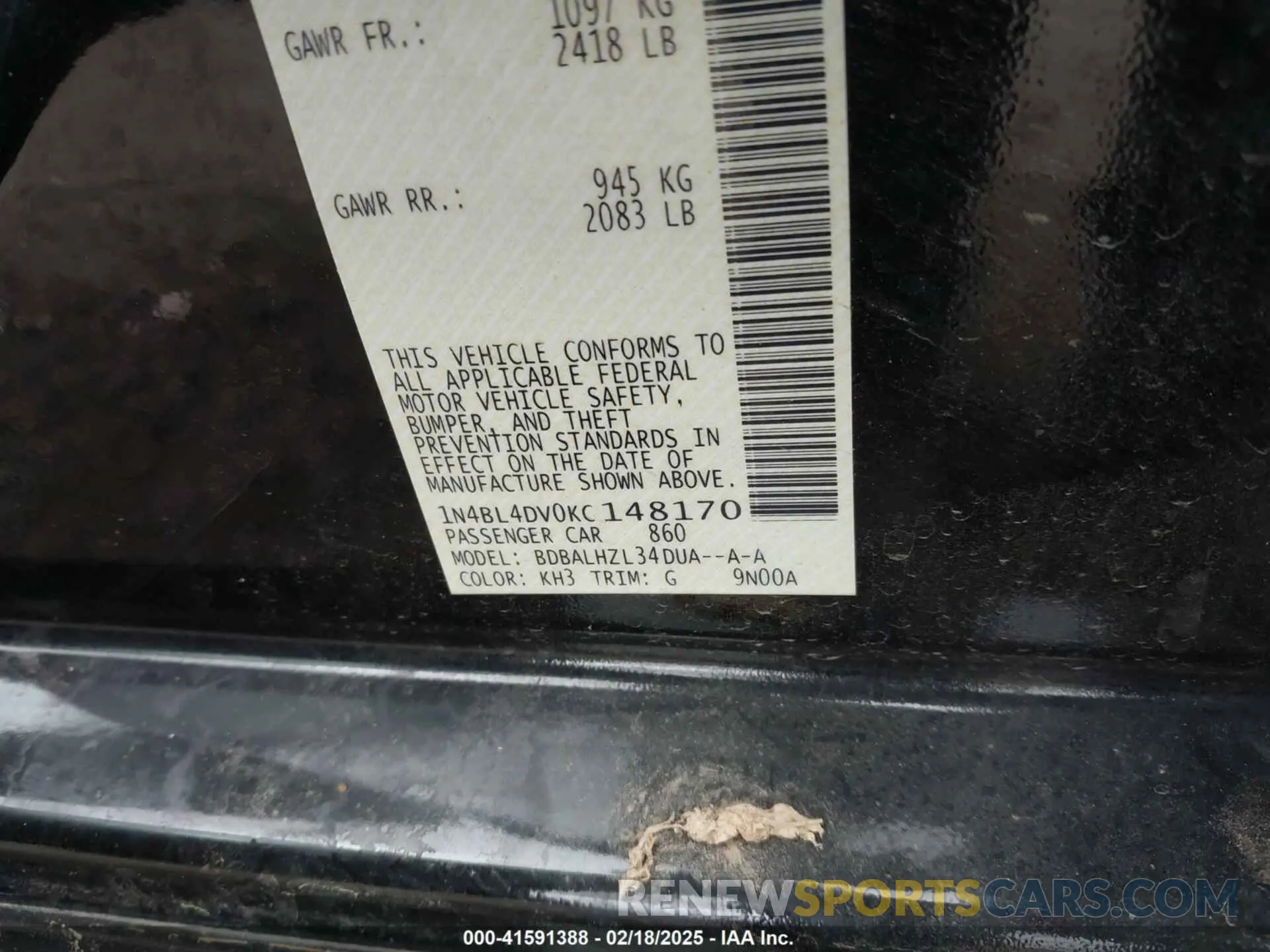 9 Photograph of a damaged car 1N4BL4DV0KC148170 NISSAN ALTIMA 2019