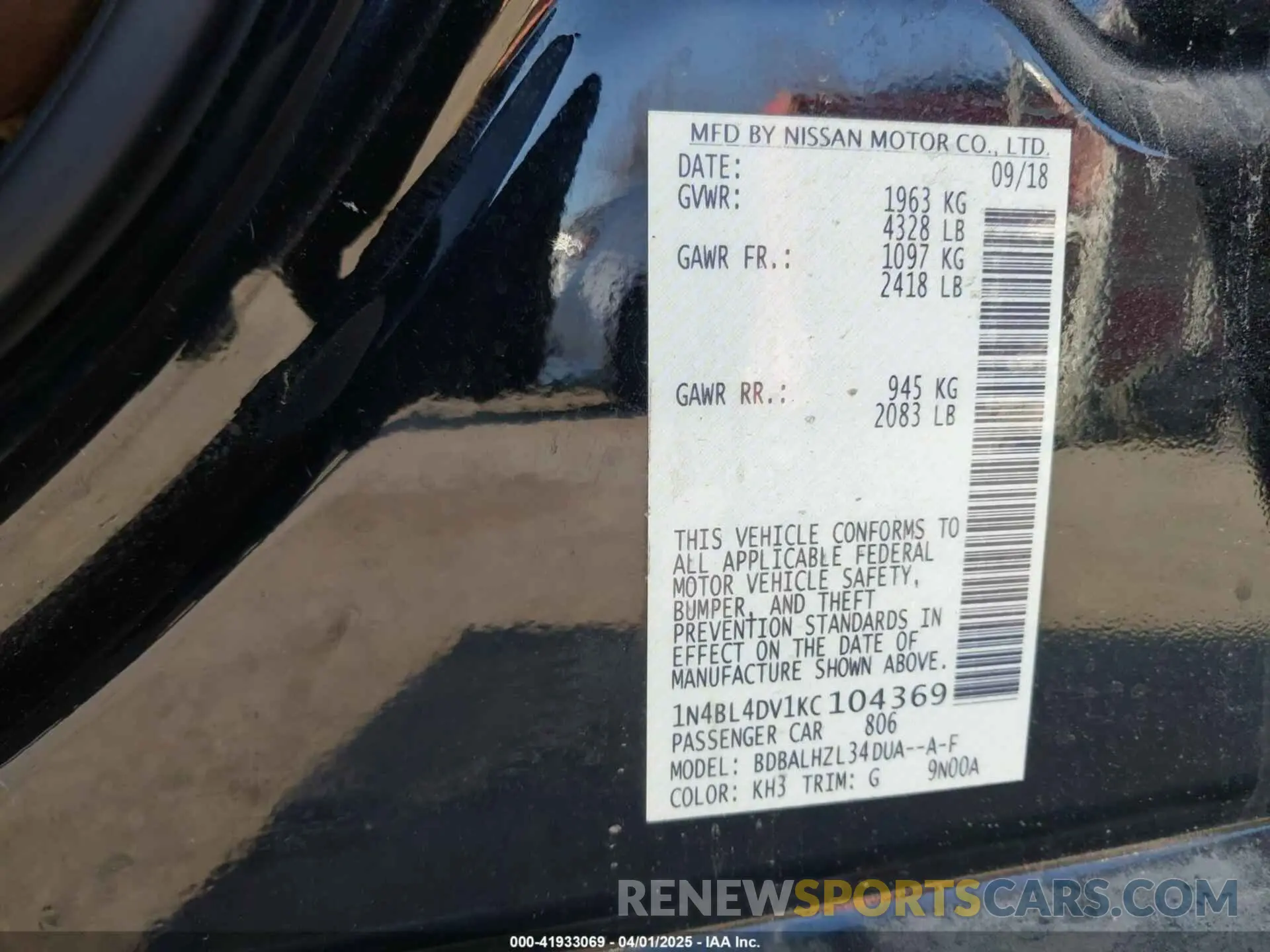 9 Photograph of a damaged car 1N4BL4DV1KC104369 NISSAN ALTIMA 2019