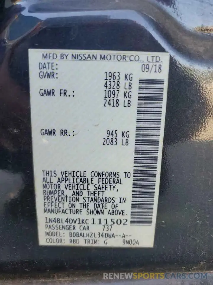 12 Photograph of a damaged car 1N4BL4DV1KC111502 NISSAN ALTIMA 2019