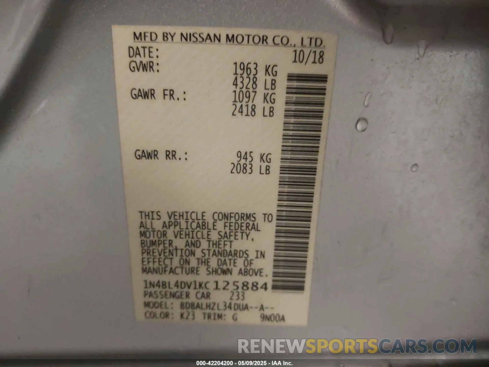 9 Photograph of a damaged car 1N4BL4DV1KC125884 NISSAN ALTIMA 2019