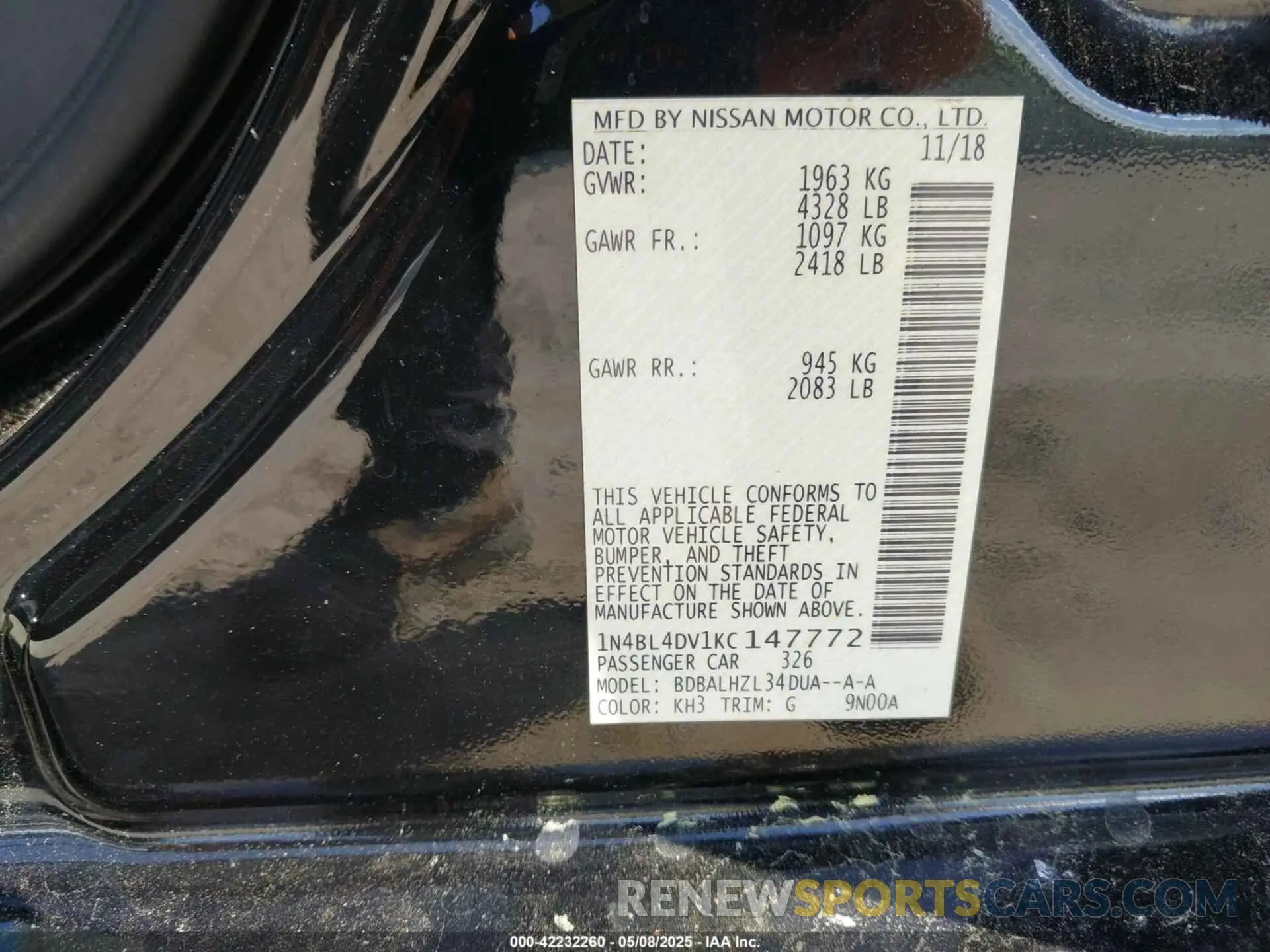 9 Photograph of a damaged car 1N4BL4DV1KC147772 NISSAN ALTIMA 2019