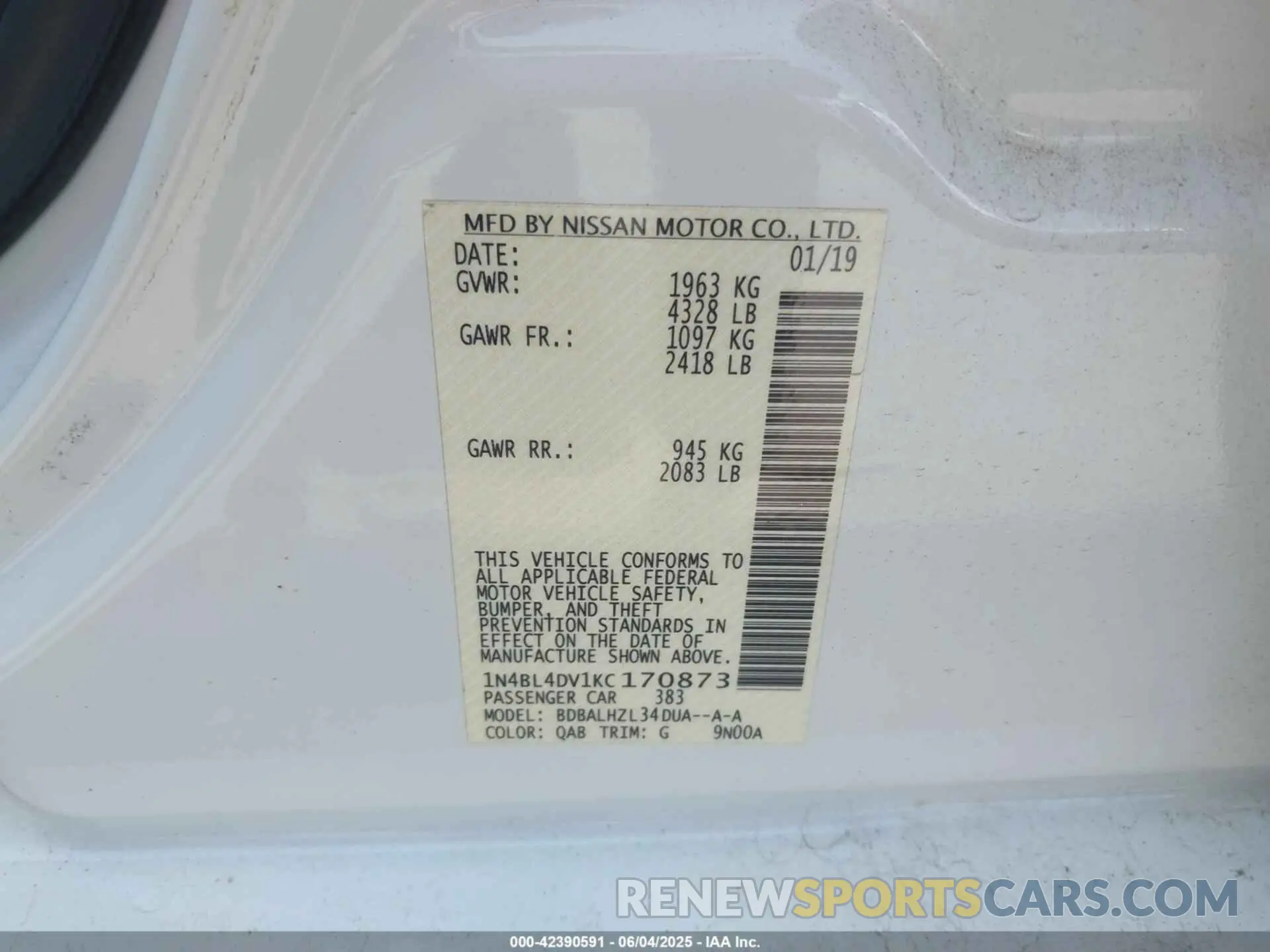9 Photograph of a damaged car 1N4BL4DV1KC170873 NISSAN ALTIMA 2019