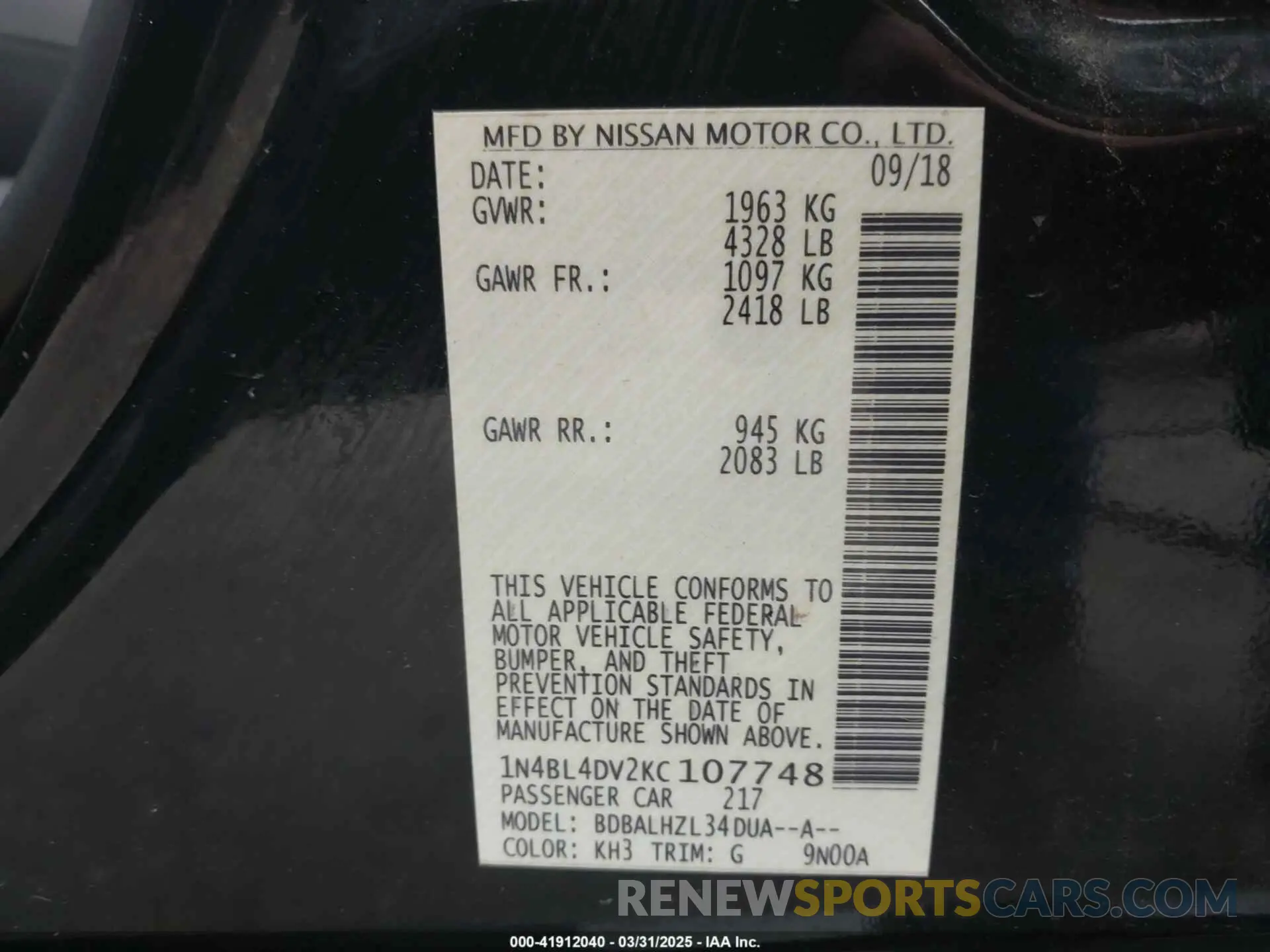 9 Photograph of a damaged car 1N4BL4DV2KC107748 NISSAN ALTIMA 2019