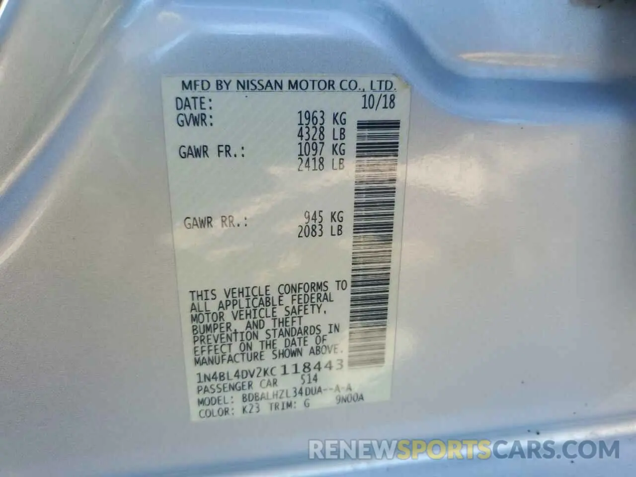 13 Photograph of a damaged car 1N4BL4DV2KC118443 NISSAN ALTIMA 2019