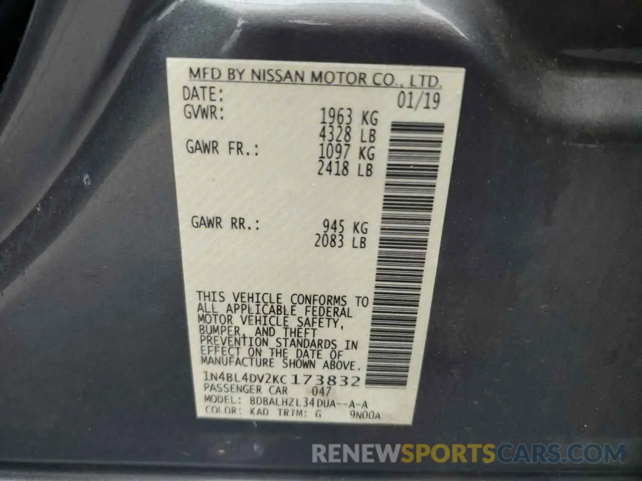 12 Photograph of a damaged car 1N4BL4DV2KC173832 NISSAN ALTIMA 2019