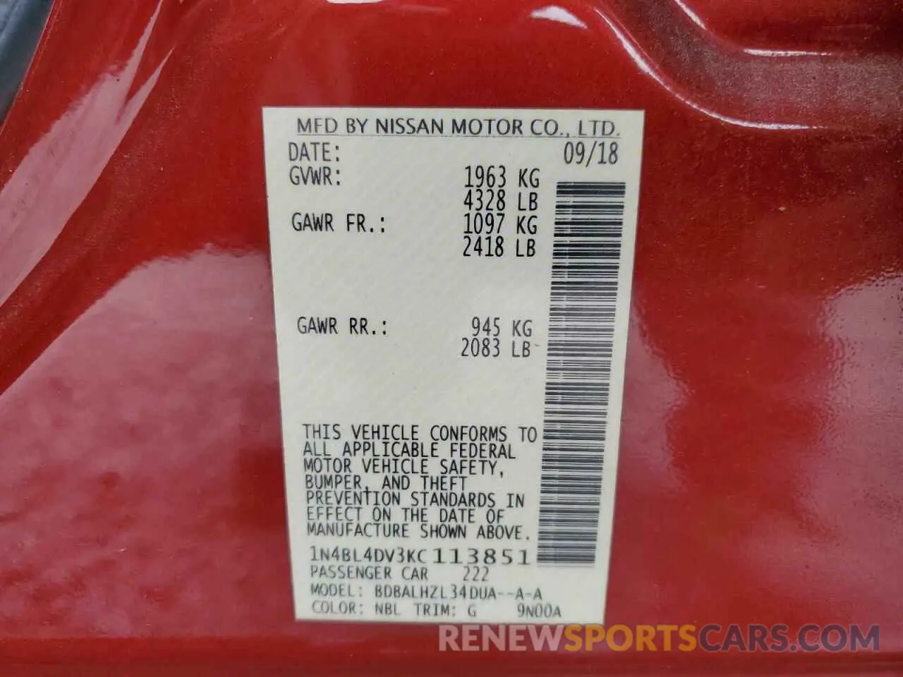 15 Photograph of a damaged car 1N4BL4DV3KC113851 NISSAN ALTIMA 2019