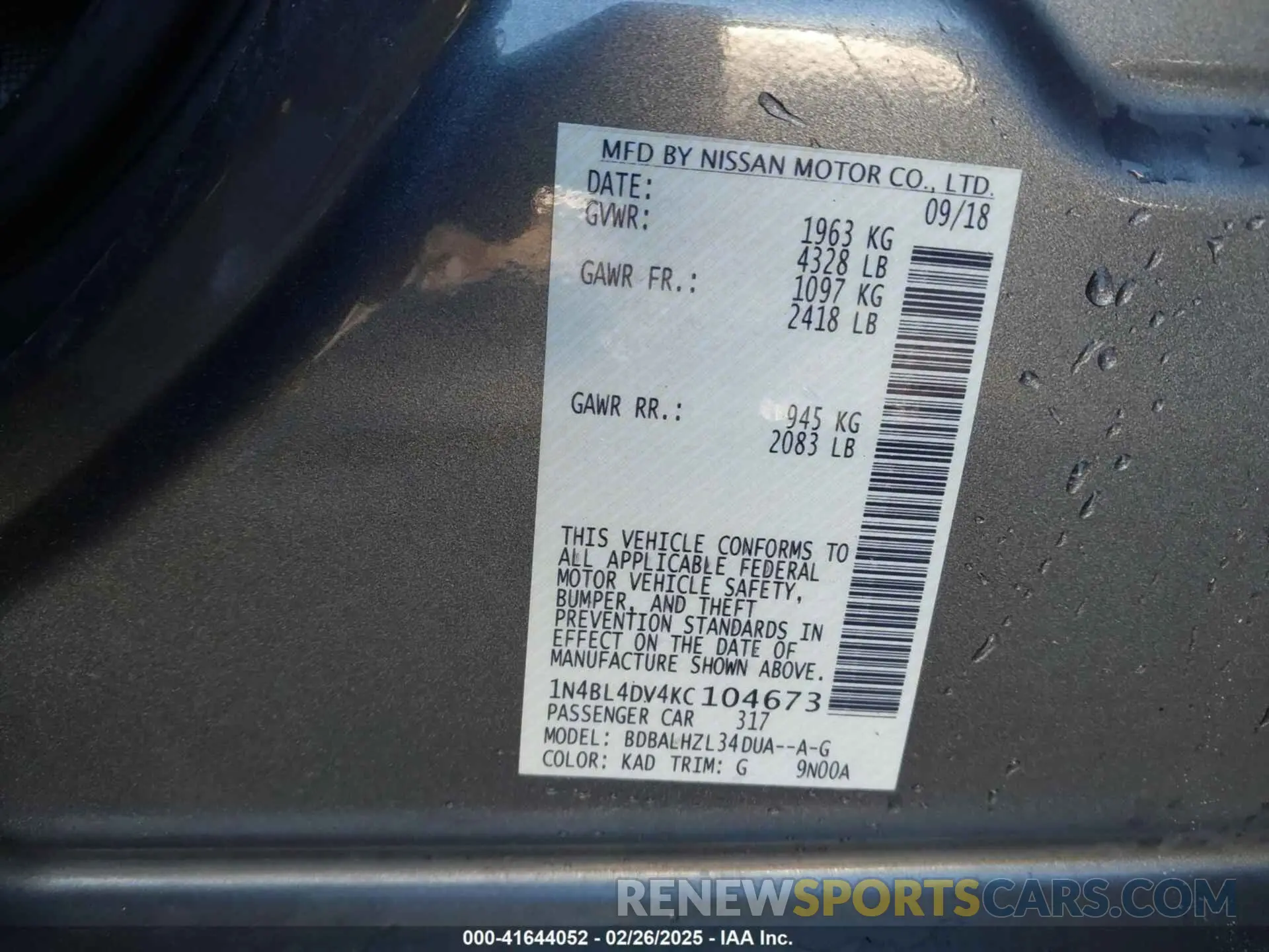 9 Photograph of a damaged car 1N4BL4DV4KC104673 NISSAN ALTIMA 2019
