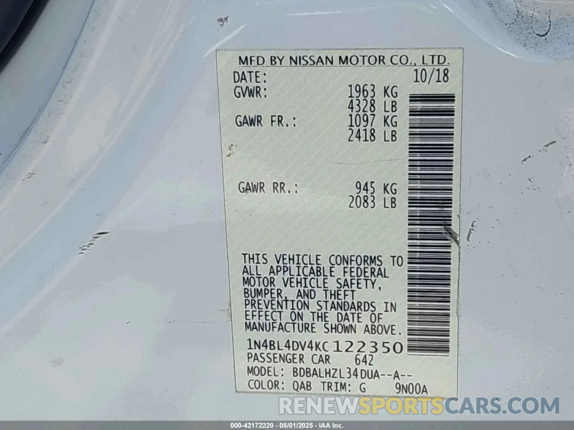9 Photograph of a damaged car 1N4BL4DV4KC122350 NISSAN ALTIMA 2019