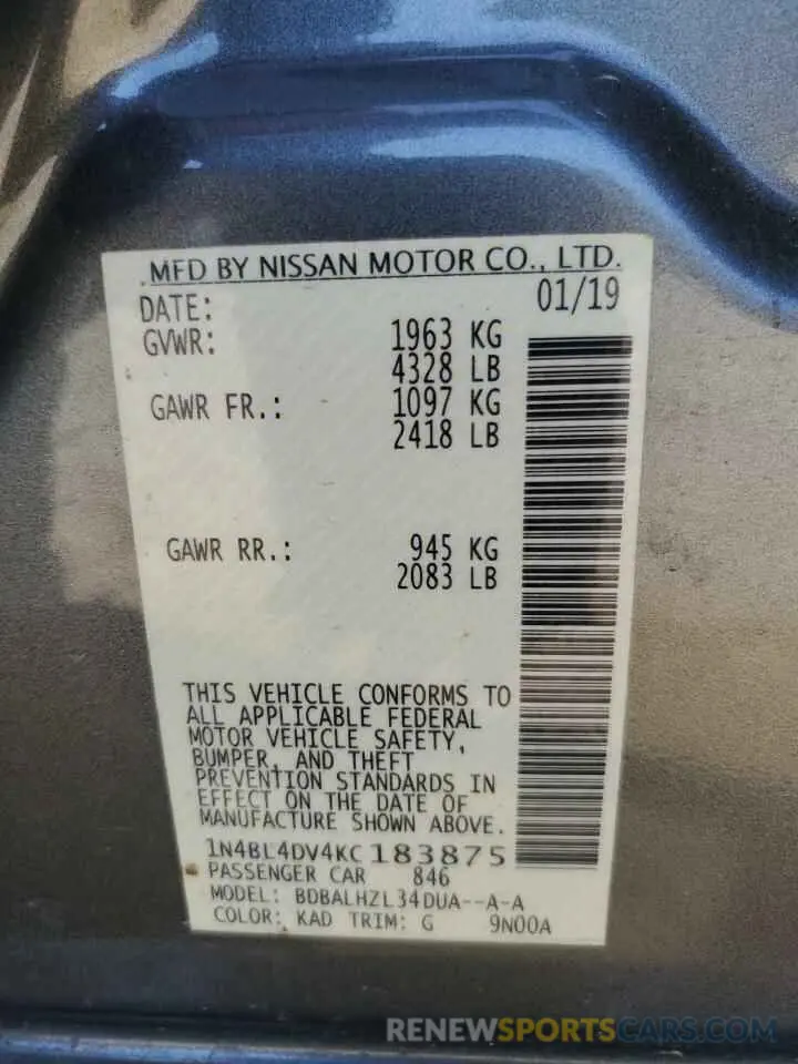 14 Photograph of a damaged car 1N4BL4DV4KC183875 NISSAN ALTIMA 2019