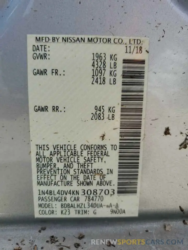 13 Photograph of a damaged car 1N4BL4DV4KN308703 NISSAN ALTIMA 2019