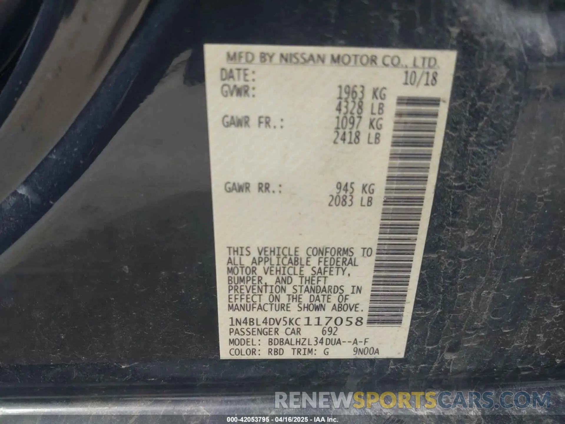 9 Photograph of a damaged car 1N4BL4DV5KC117058 NISSAN ALTIMA 2019