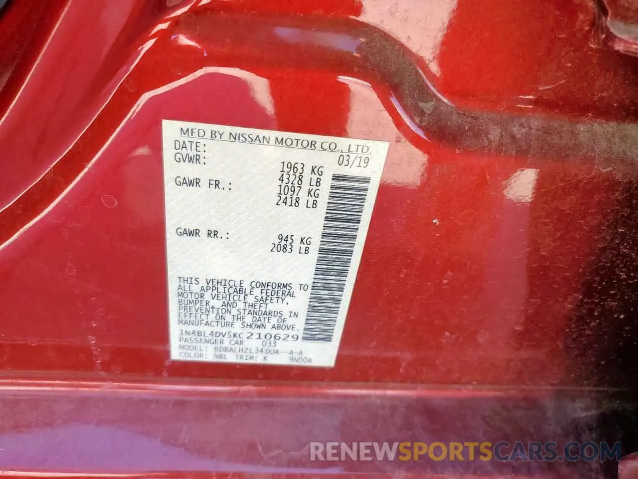 14 Photograph of a damaged car 1N4BL4DV5KC210629 NISSAN ALTIMA 2019