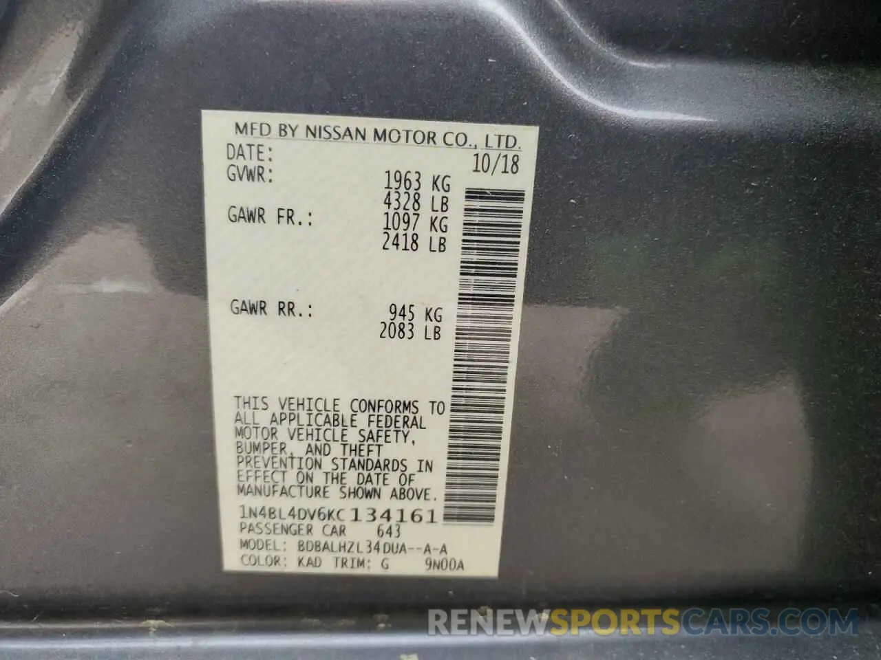 13 Photograph of a damaged car 1N4BL4DV6KC134161 NISSAN ALTIMA 2019