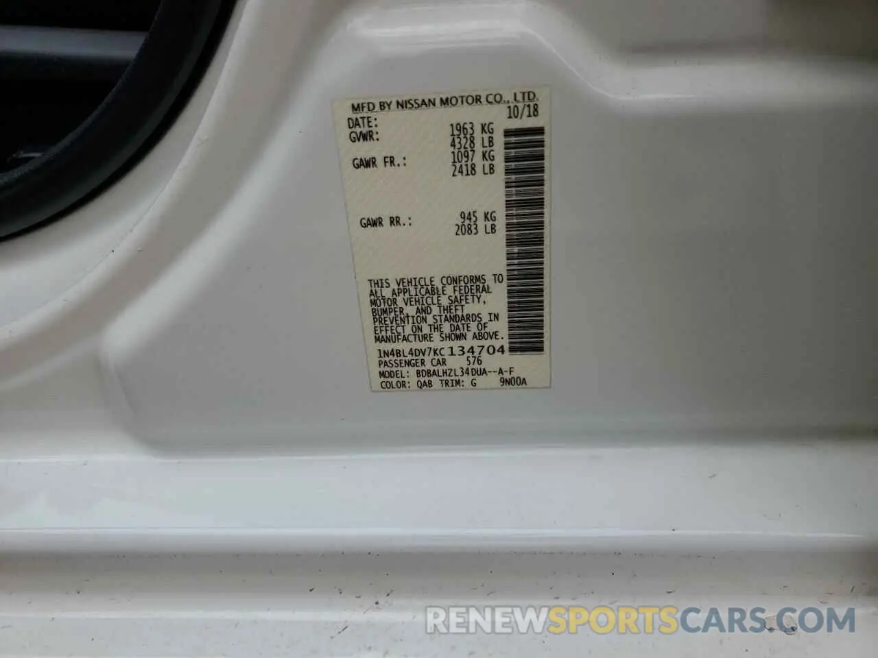 12 Photograph of a damaged car 1N4BL4DV7KC134704 NISSAN ALTIMA 2019