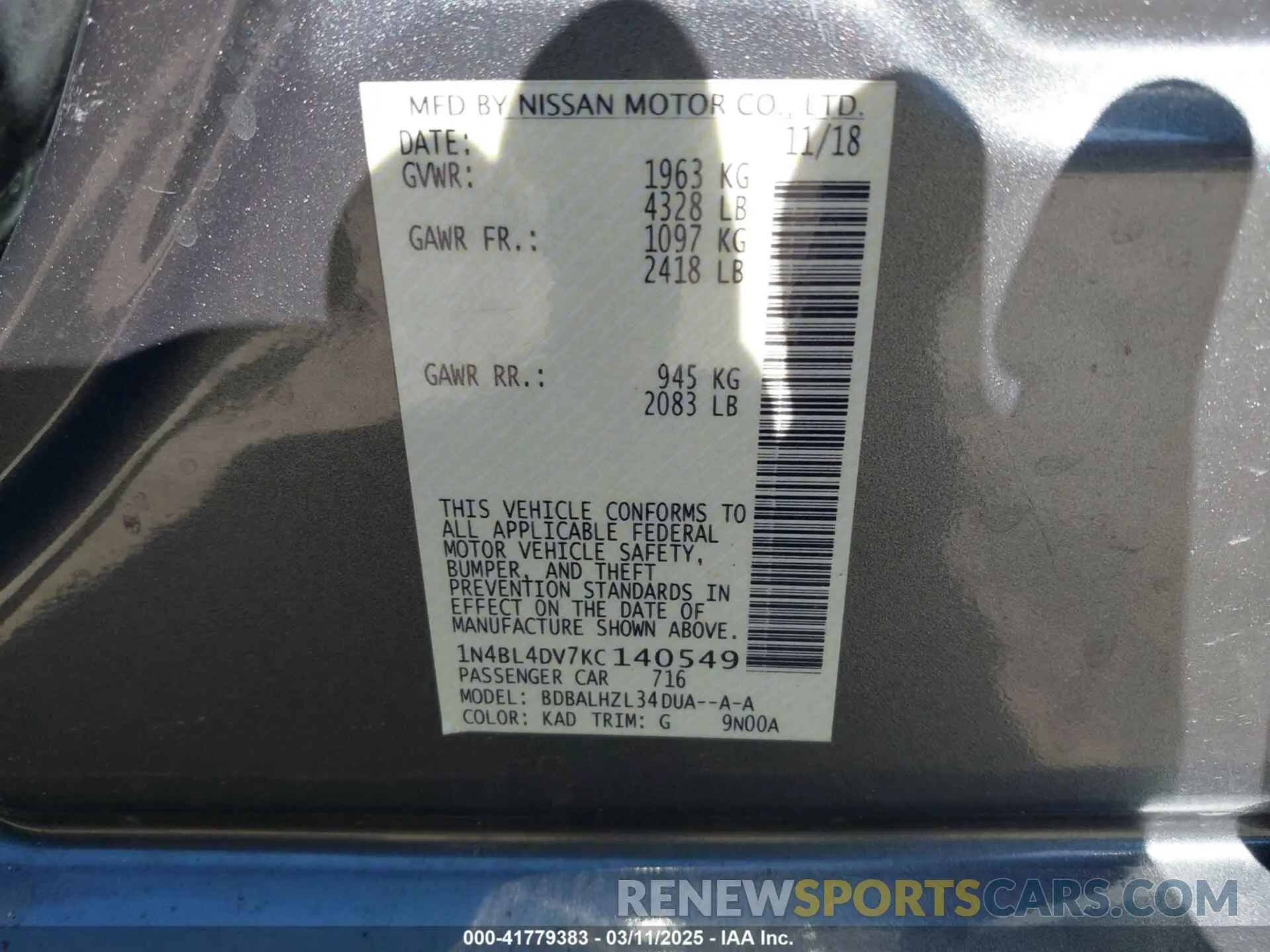 9 Photograph of a damaged car 1N4BL4DV7KC140549 NISSAN ALTIMA 2019