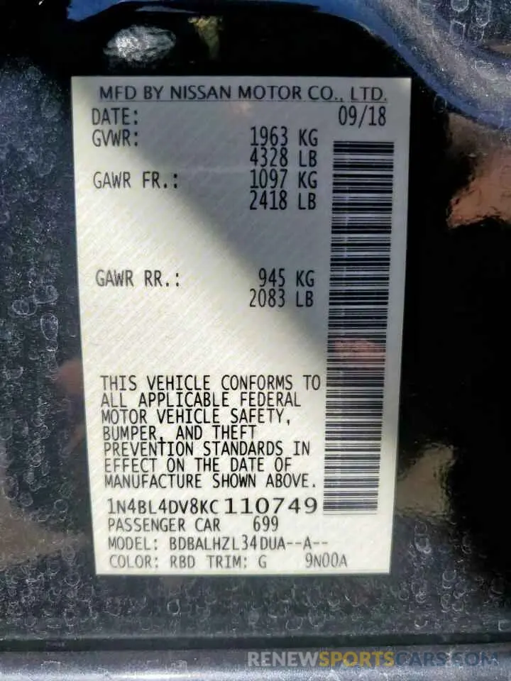 13 Photograph of a damaged car 1N4BL4DV8KC110749 NISSAN ALTIMA 2019