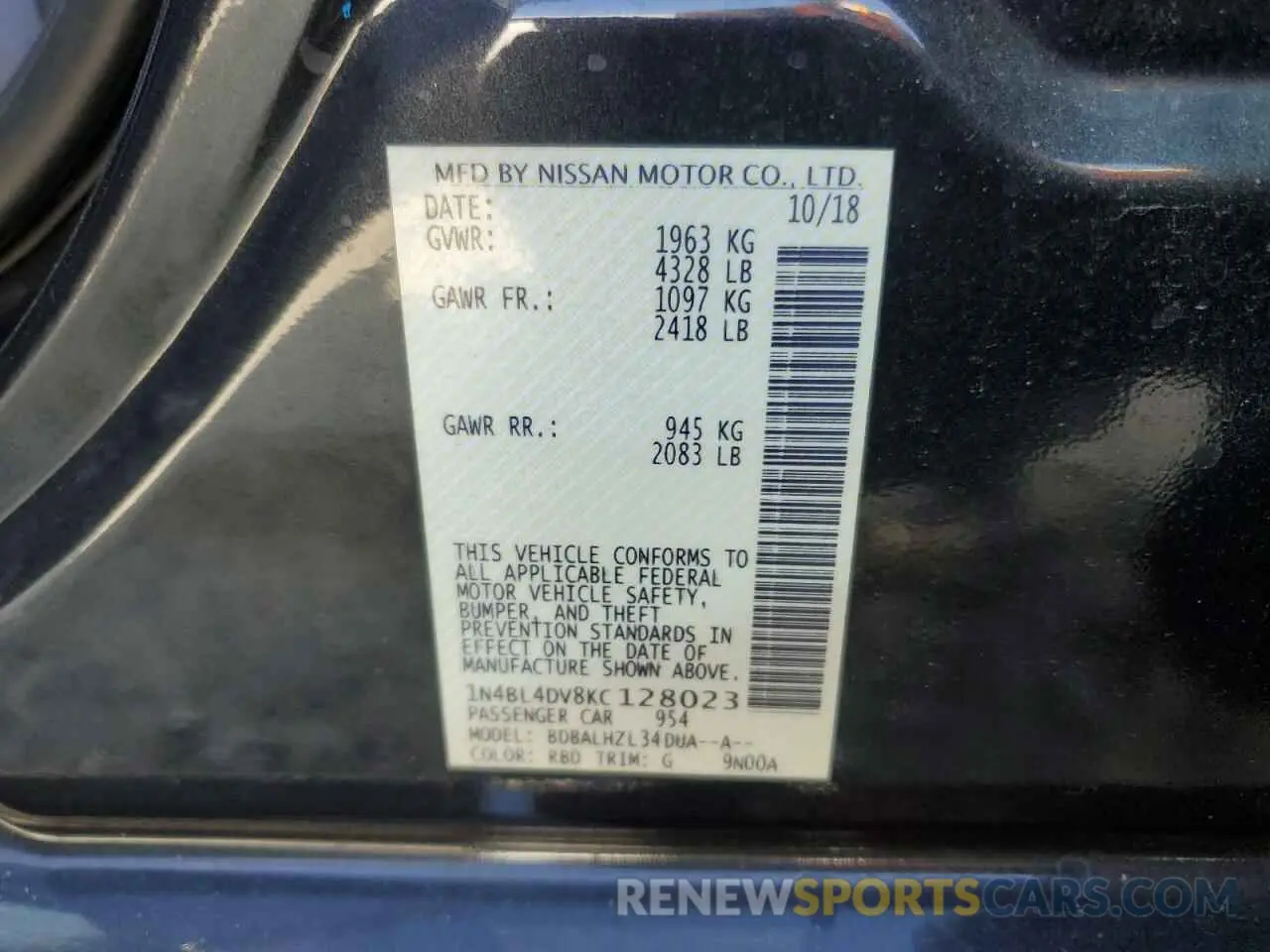 13 Photograph of a damaged car 1N4BL4DV8KC128023 NISSAN ALTIMA 2019