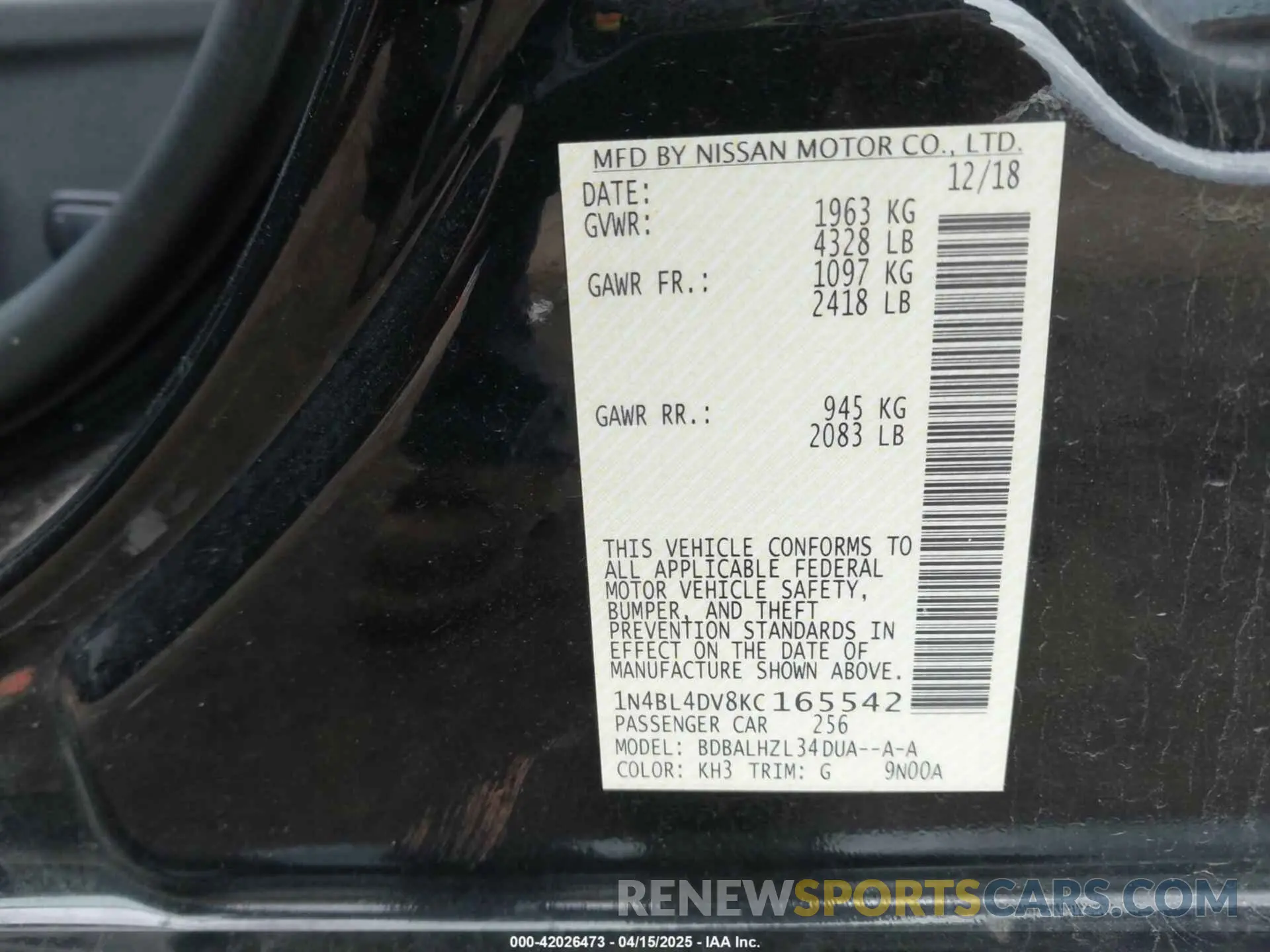 9 Photograph of a damaged car 1N4BL4DV8KC165542 NISSAN ALTIMA 2019