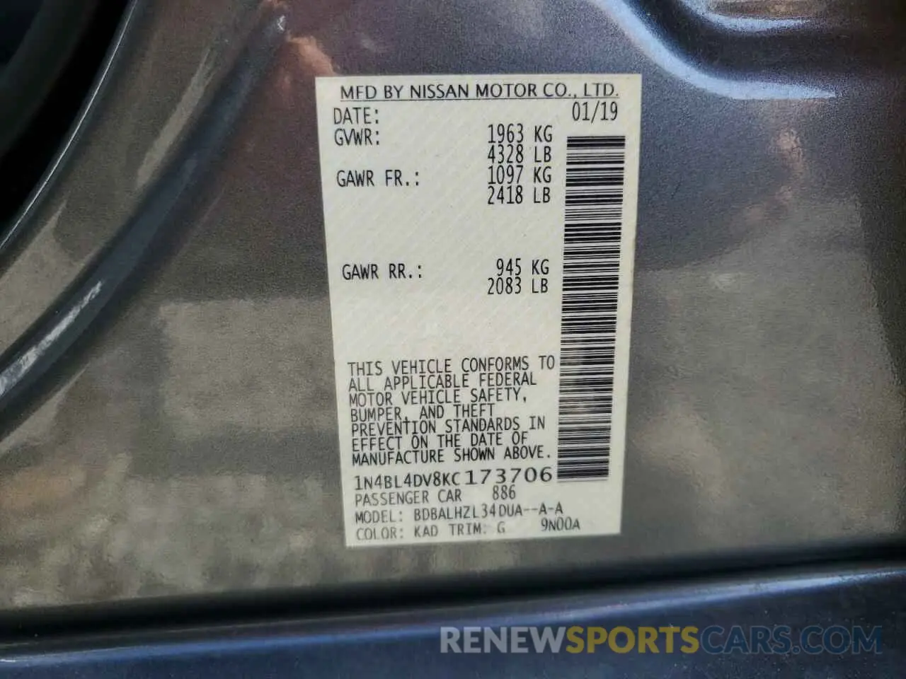 12 Photograph of a damaged car 1N4BL4DV8KC173706 NISSAN ALTIMA 2019