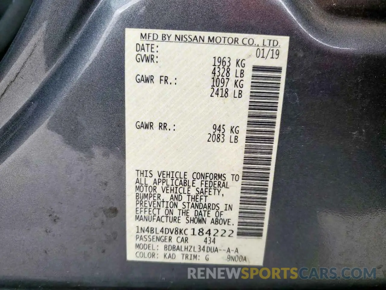 12 Photograph of a damaged car 1N4BL4DV8KC184222 NISSAN ALTIMA 2019