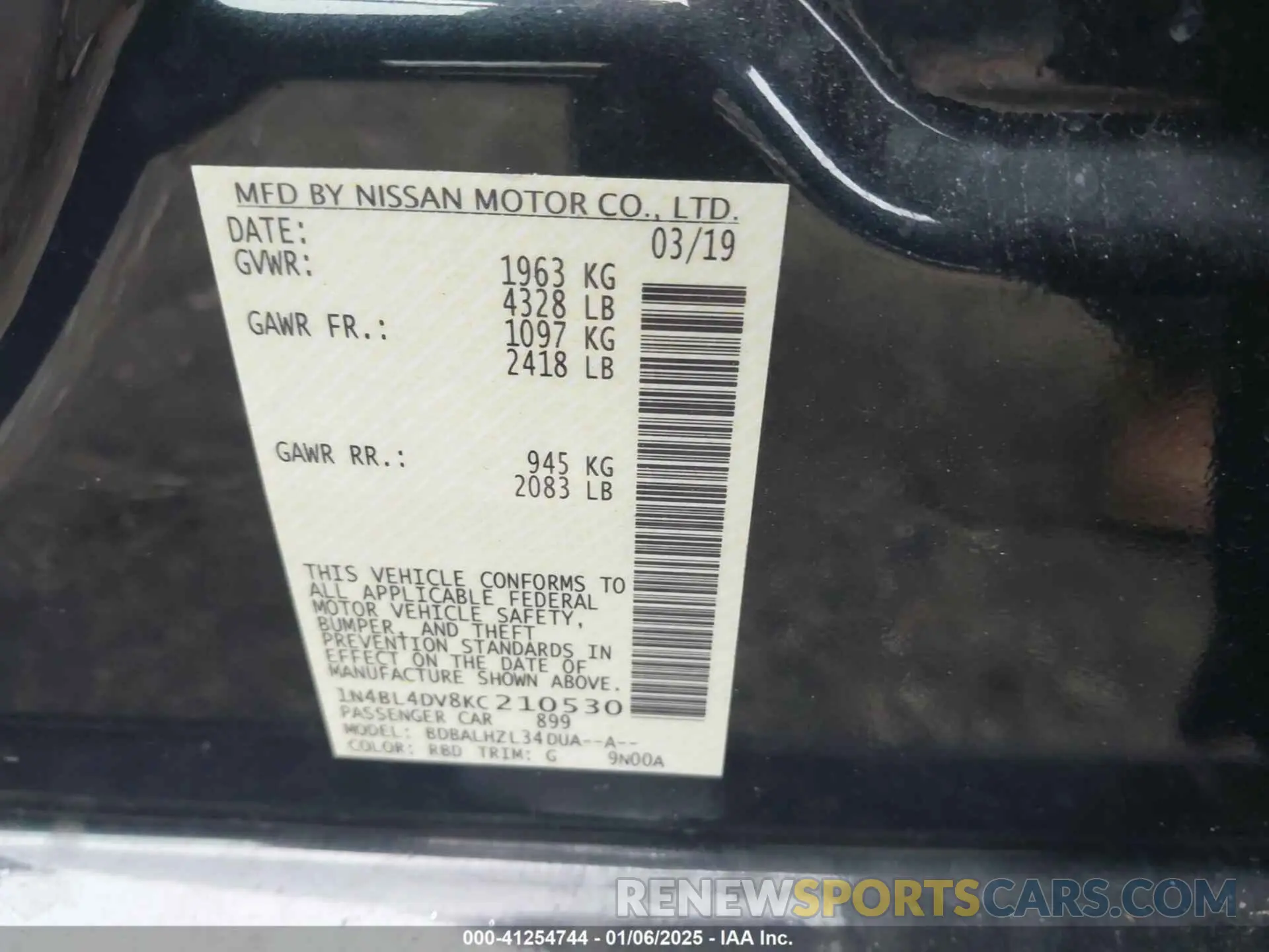 9 Photograph of a damaged car 1N4BL4DV8KC210530 NISSAN ALTIMA 2019