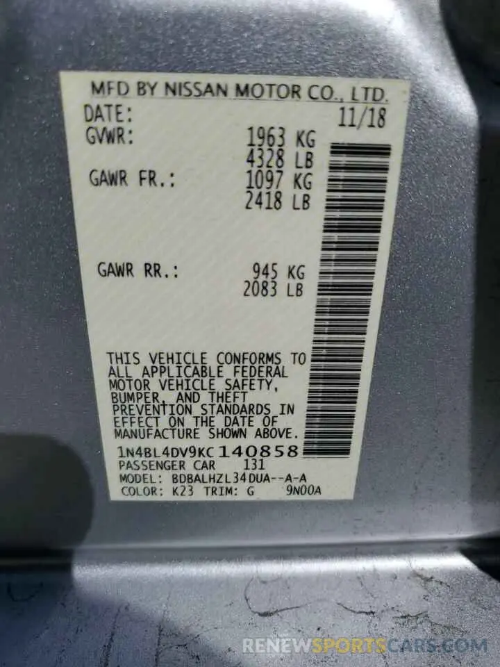 15 Photograph of a damaged car 1N4BL4DV9KC140858 NISSAN ALTIMA 2019